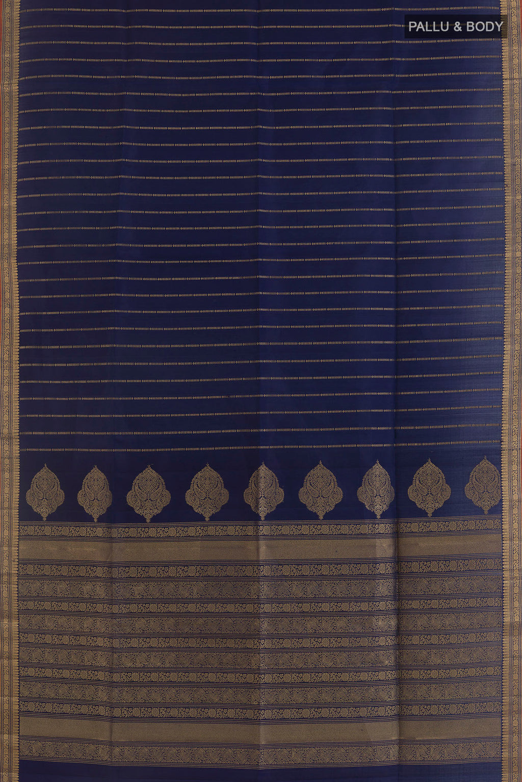 Flat view of Pure Silk Navy Blue Soft Saree with Stripes on the body and Zari Border. 