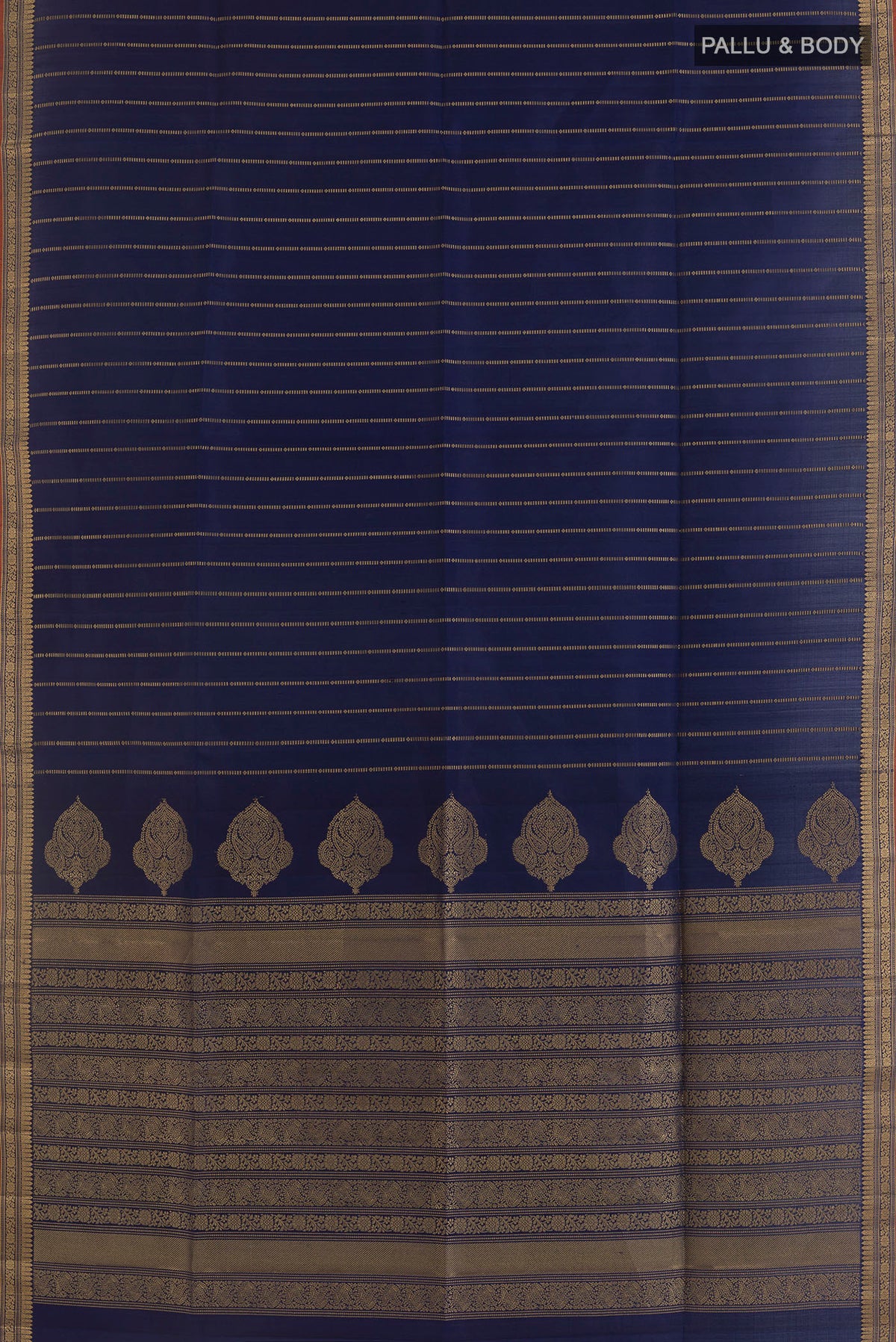Flat view of Pure Silk Navy Blue Soft Saree with Stripes on the body and Zari Border. 