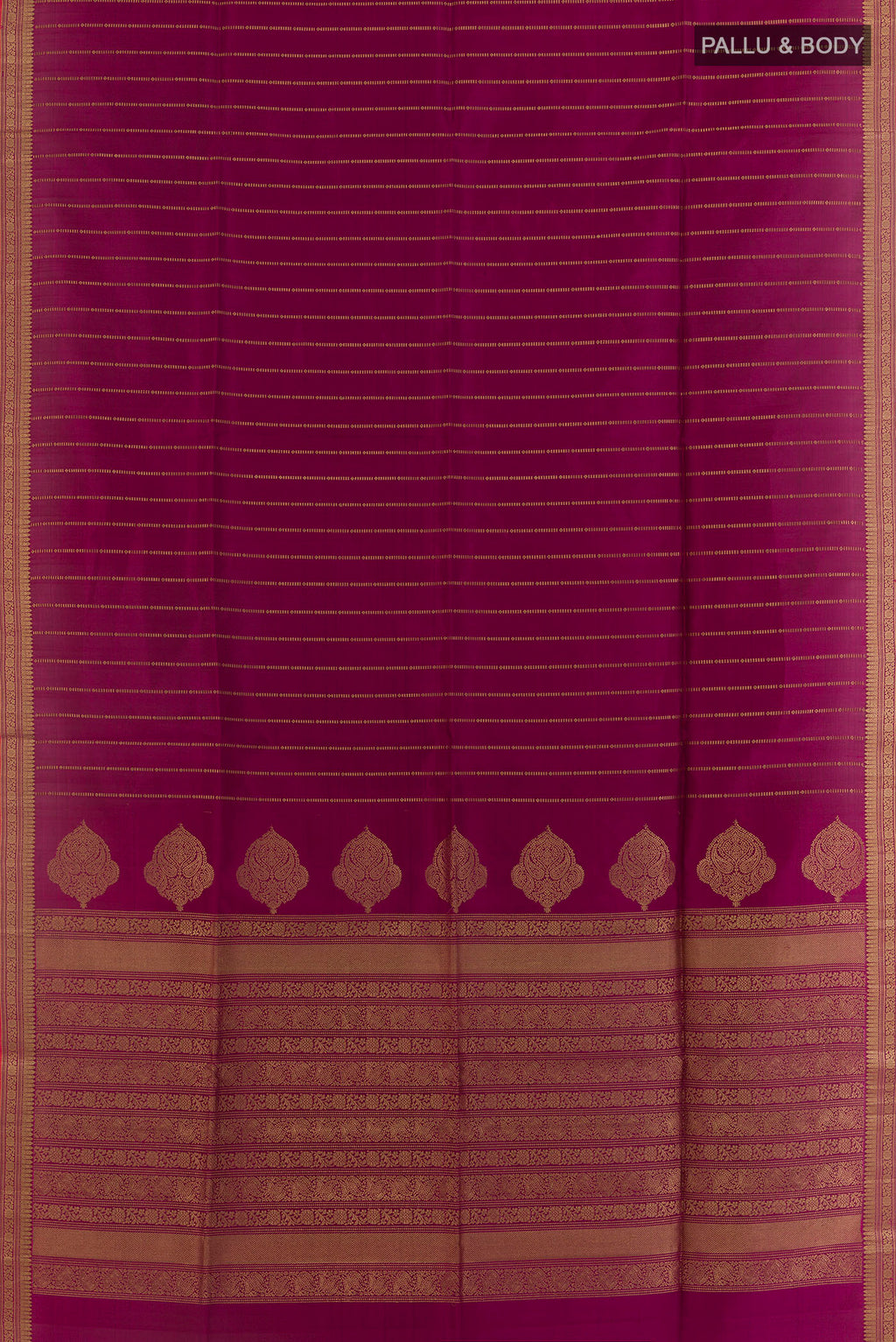 Flat view of Pure Silk Magenta Soft Saree with Stripes on the body and Zari Border. 