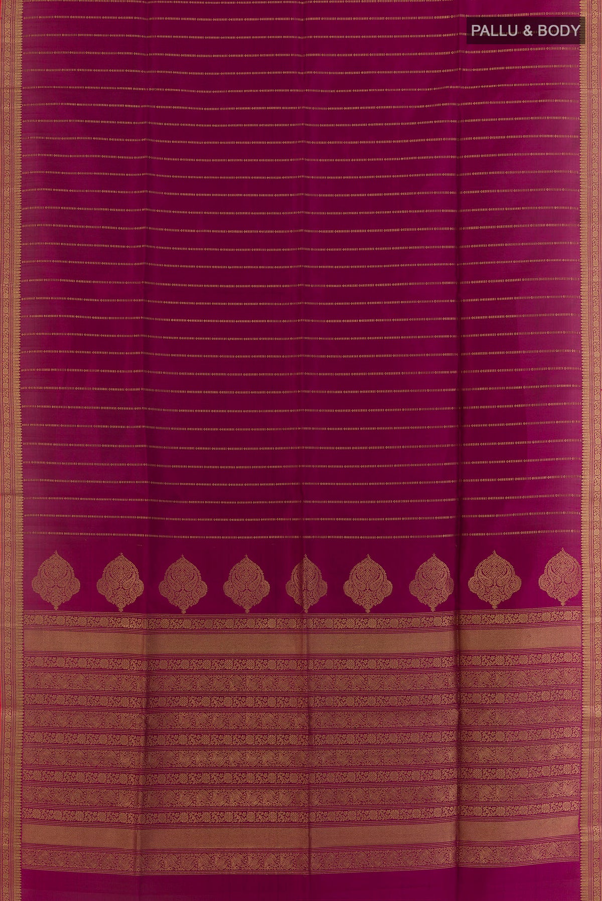 Flat view of Pure Silk Magenta Soft Saree with Stripes on the body and Zari Border. 