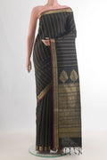 Pure Silk Black Soft Saree with Stripes on the body and Zari Border.  displayed on a mannequin