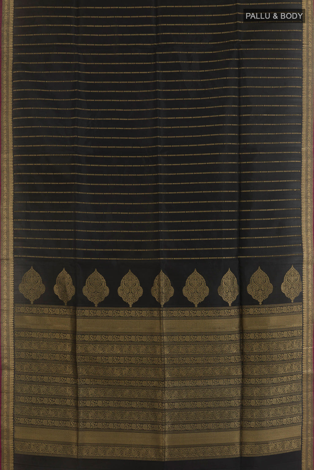 Flat view of Pure Silk Black Soft Saree with Stripes on the body and Zari Border. 