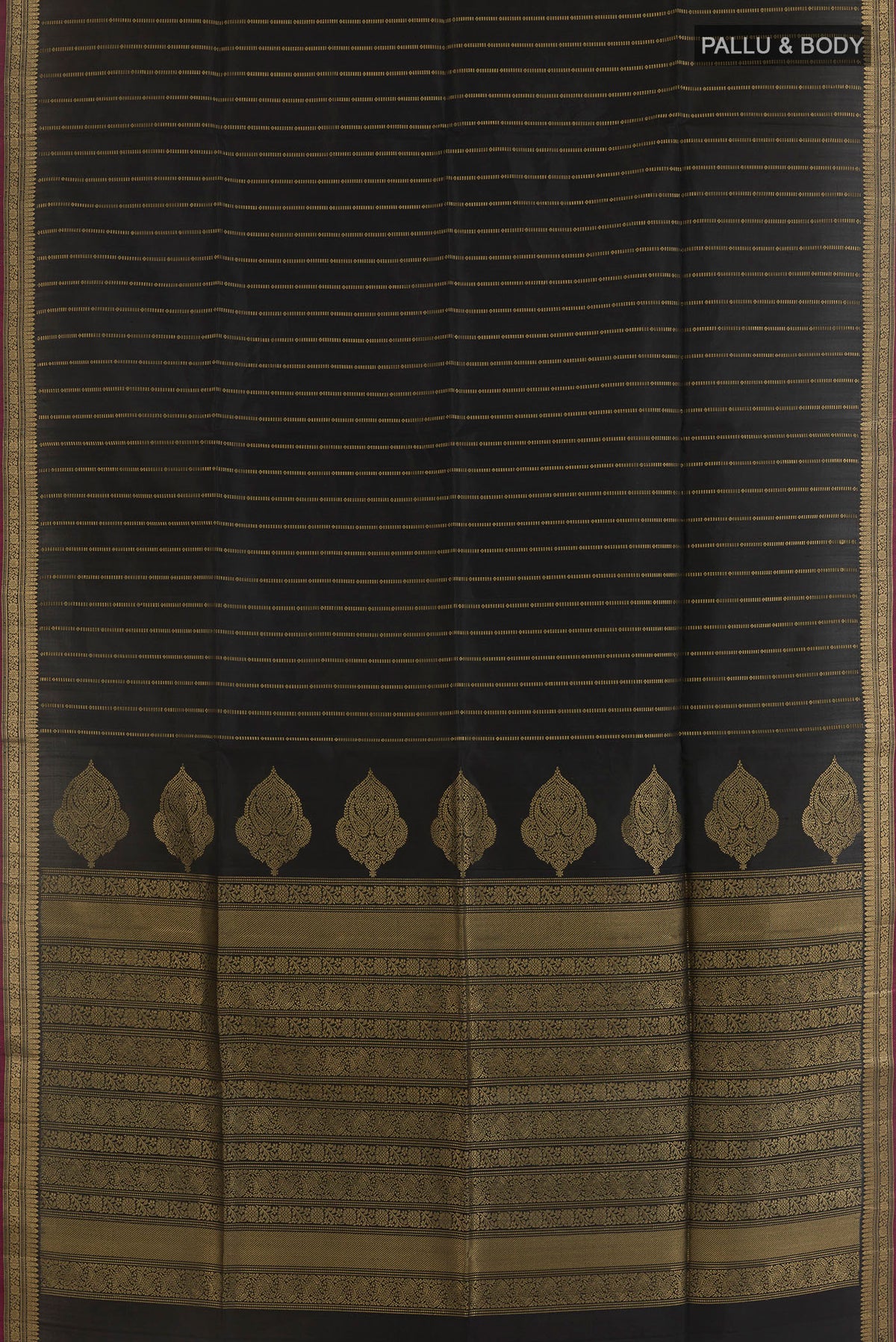 Flat view of Pure Silk Black Soft Saree with Stripes on the body and Zari Border. 
