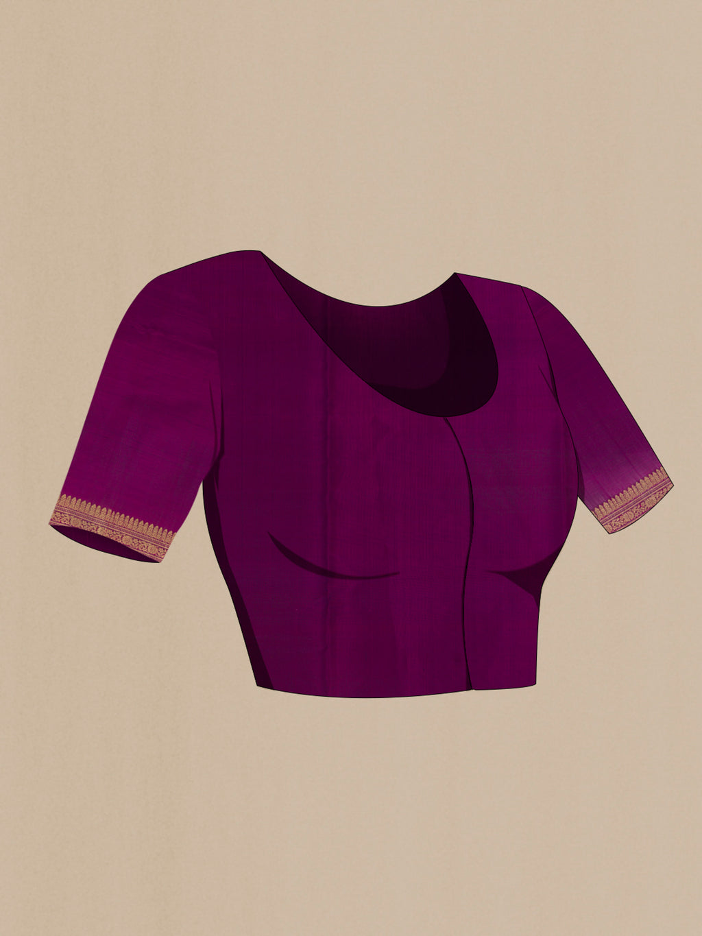 Close up image of the blouse of Pure Silk Magenta Soft Saree with Stripes on the body and Zari Border. 