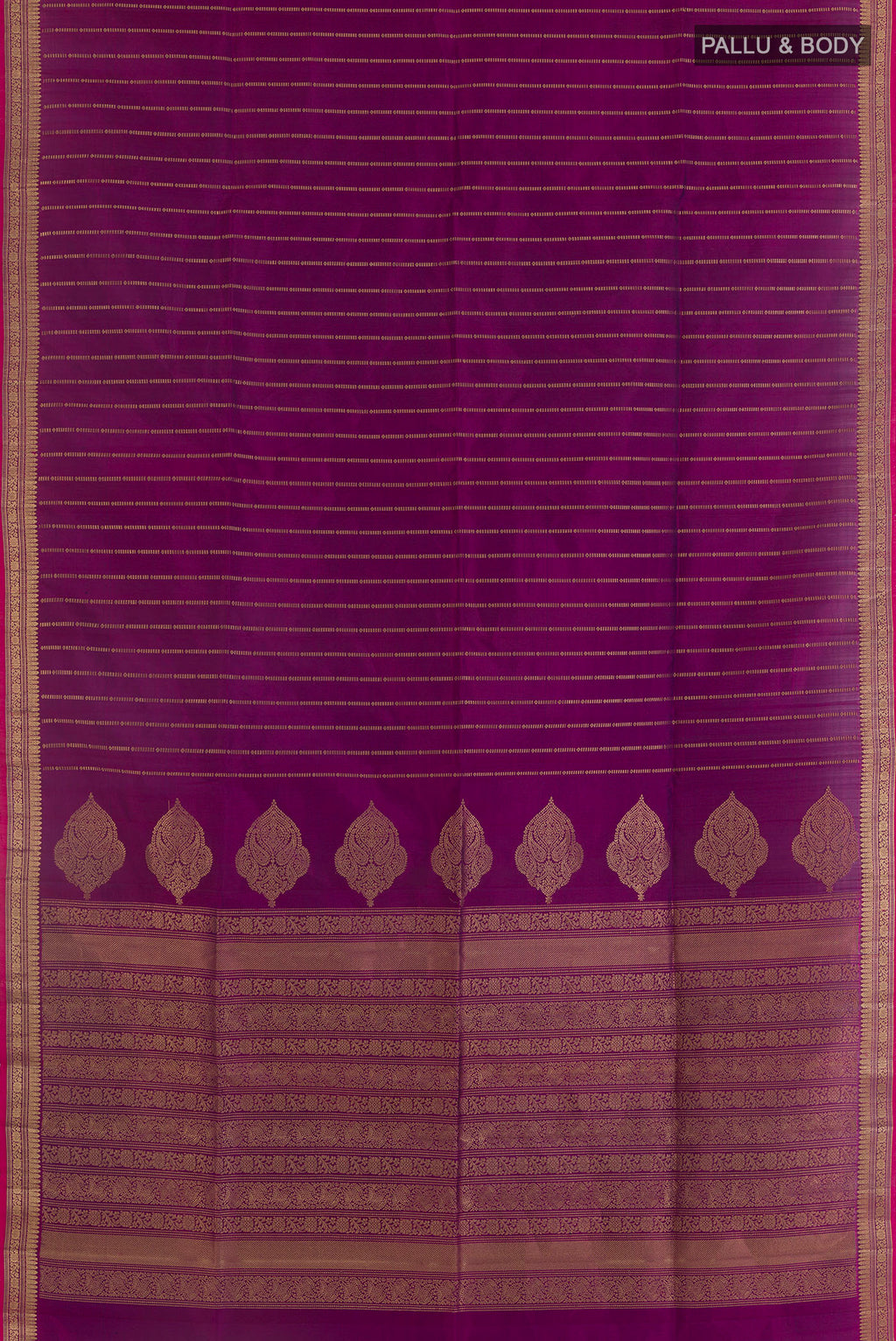 Flat view of Pure Silk Magenta Soft Saree with Stripes on the body and Zari Border. 
