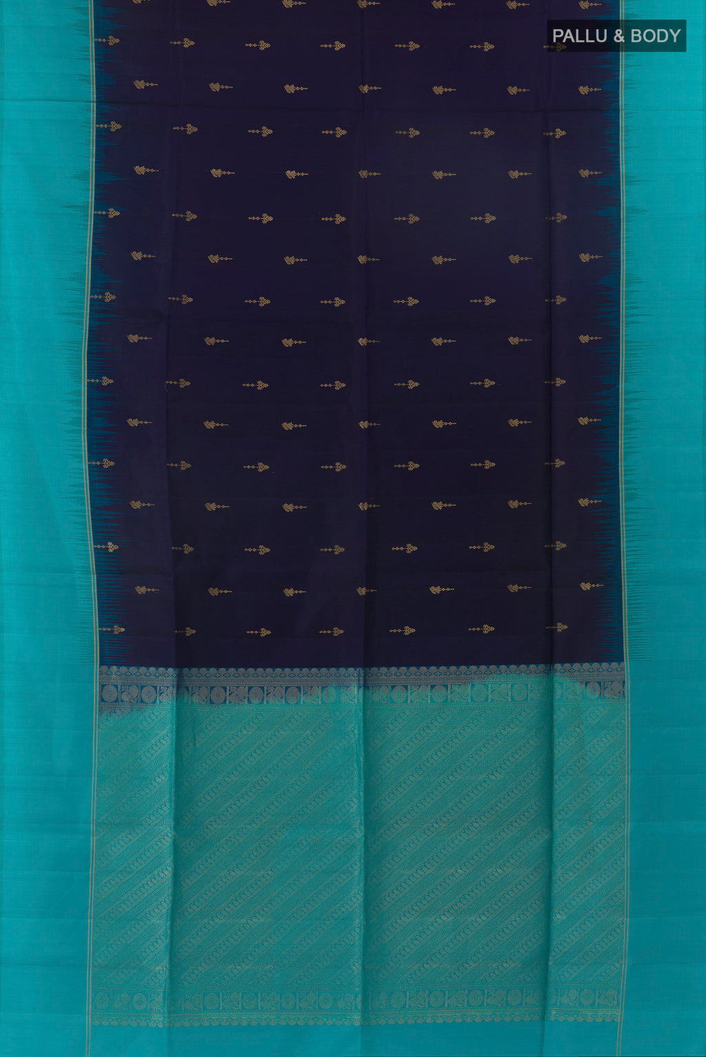 Flat view of Pure Silk Navy Blue Soft Saree with Zari Butta on the body and Zari Border. 
