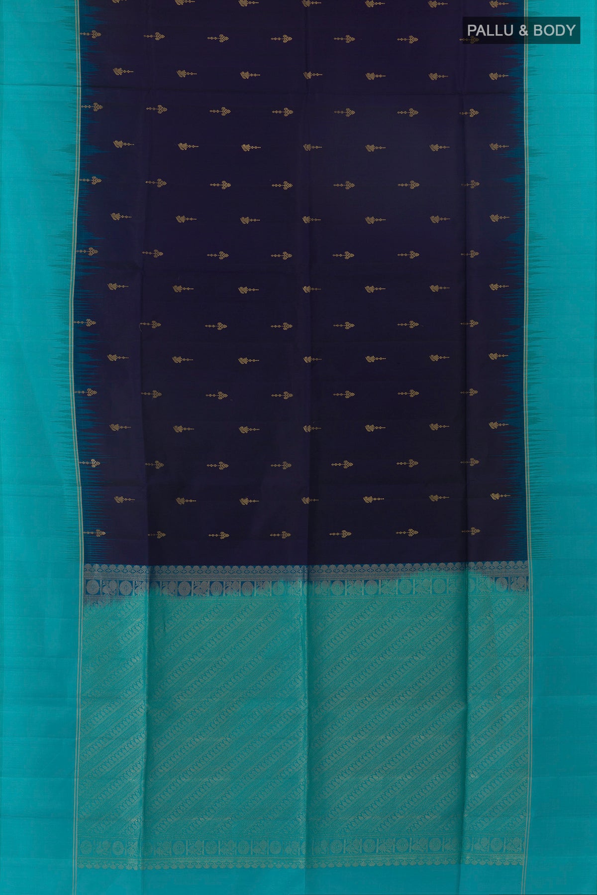 Flat view of Pure Silk Navy Blue Soft Saree with Zari Butta on the body and Zari Border. 