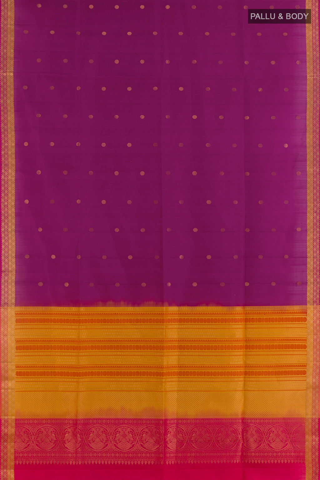 Flat view of Pure Silk Magenta Soft Saree with Zari Butta on the body and Zari Border. 