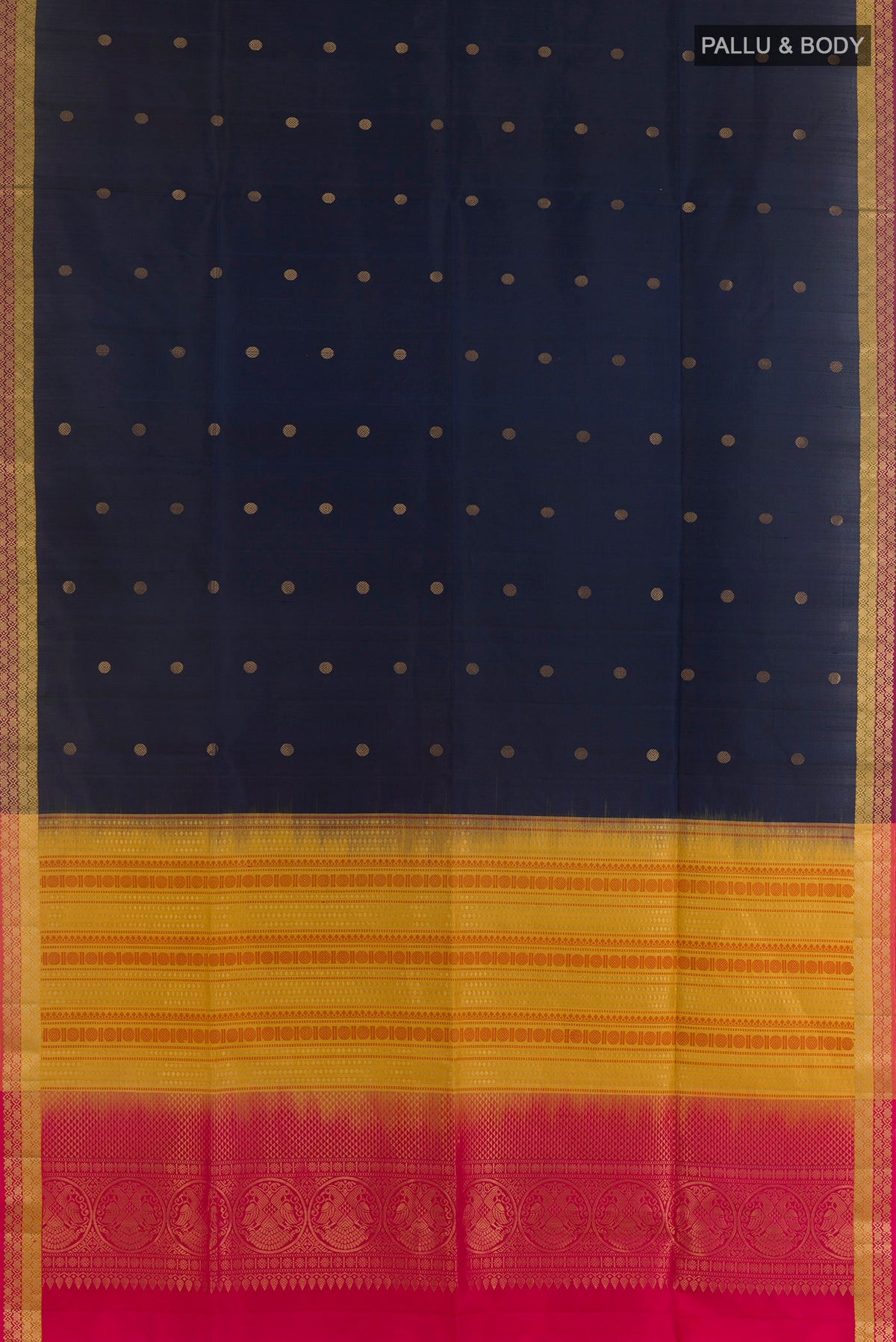 Flat view of Pure Silk Navy Blue Soft Saree with Zari Butta on the body and Zari Border. 