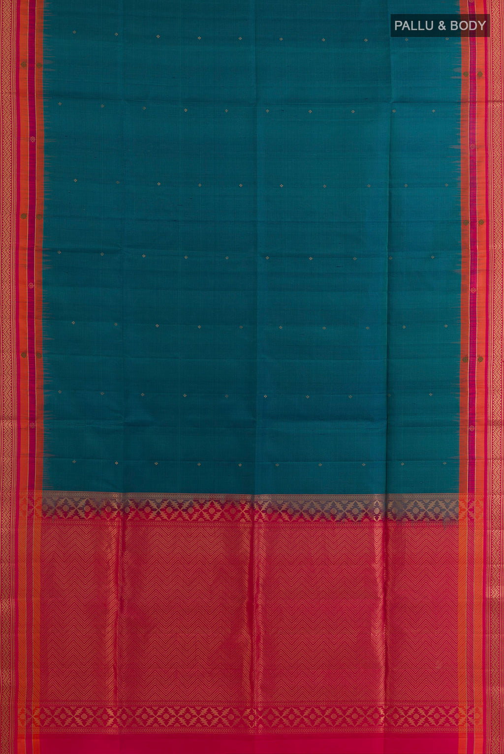 Flat view of Pure Silk Peacock Blue Soft Saree with Zari Butta on the body and Zari Border. 