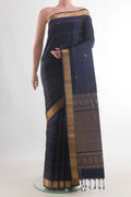 Pure Silk Navy Blue Soft Saree with Stripes on the body and Zari Border.  displayed on a mannequin