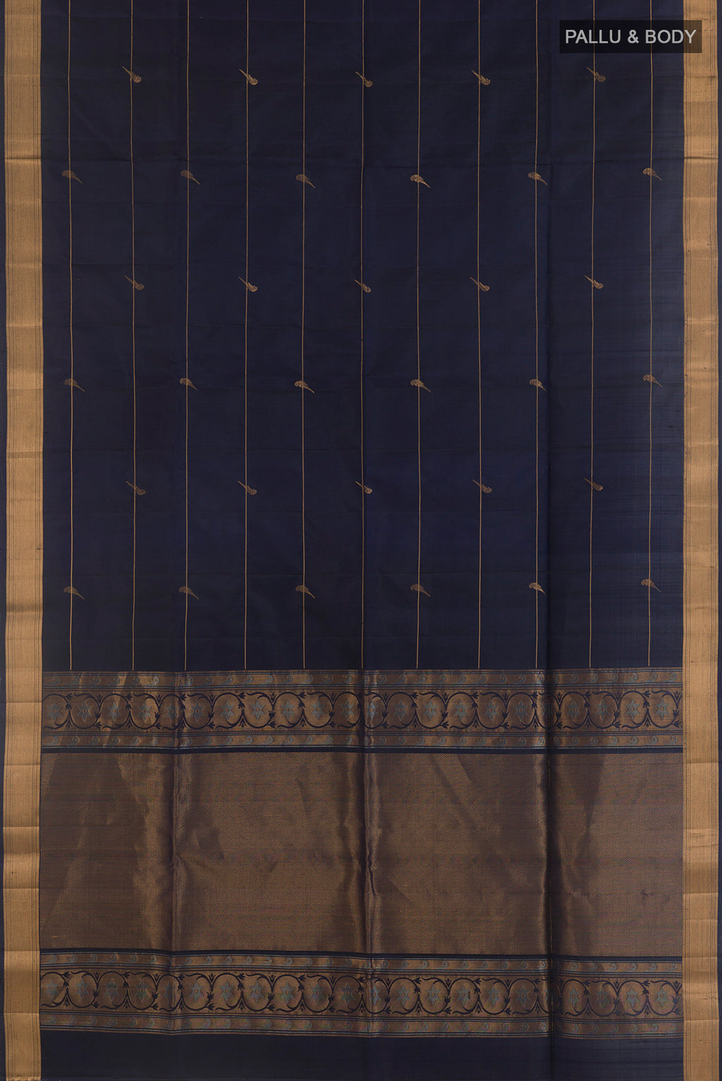 Flat view of Pure Silk Navy Blue Soft Saree with Stripes on the body and Zari Border. 