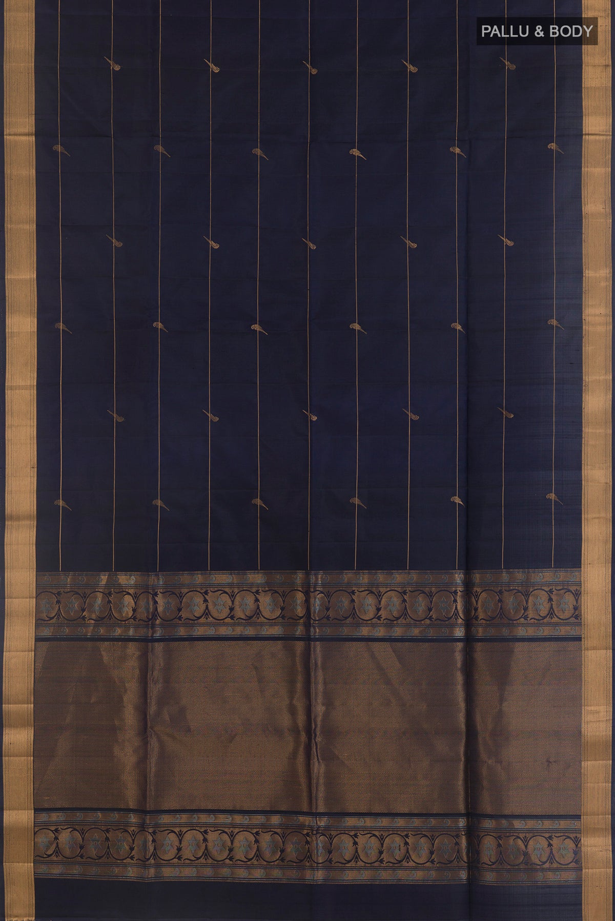 Flat view of Pure Silk Navy Blue Soft Saree with Stripes on the body and Zari Border. 
