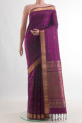 Pure Silk Purple Soft Saree with Stripes on the body and Zari Border.  displayed on a mannequin