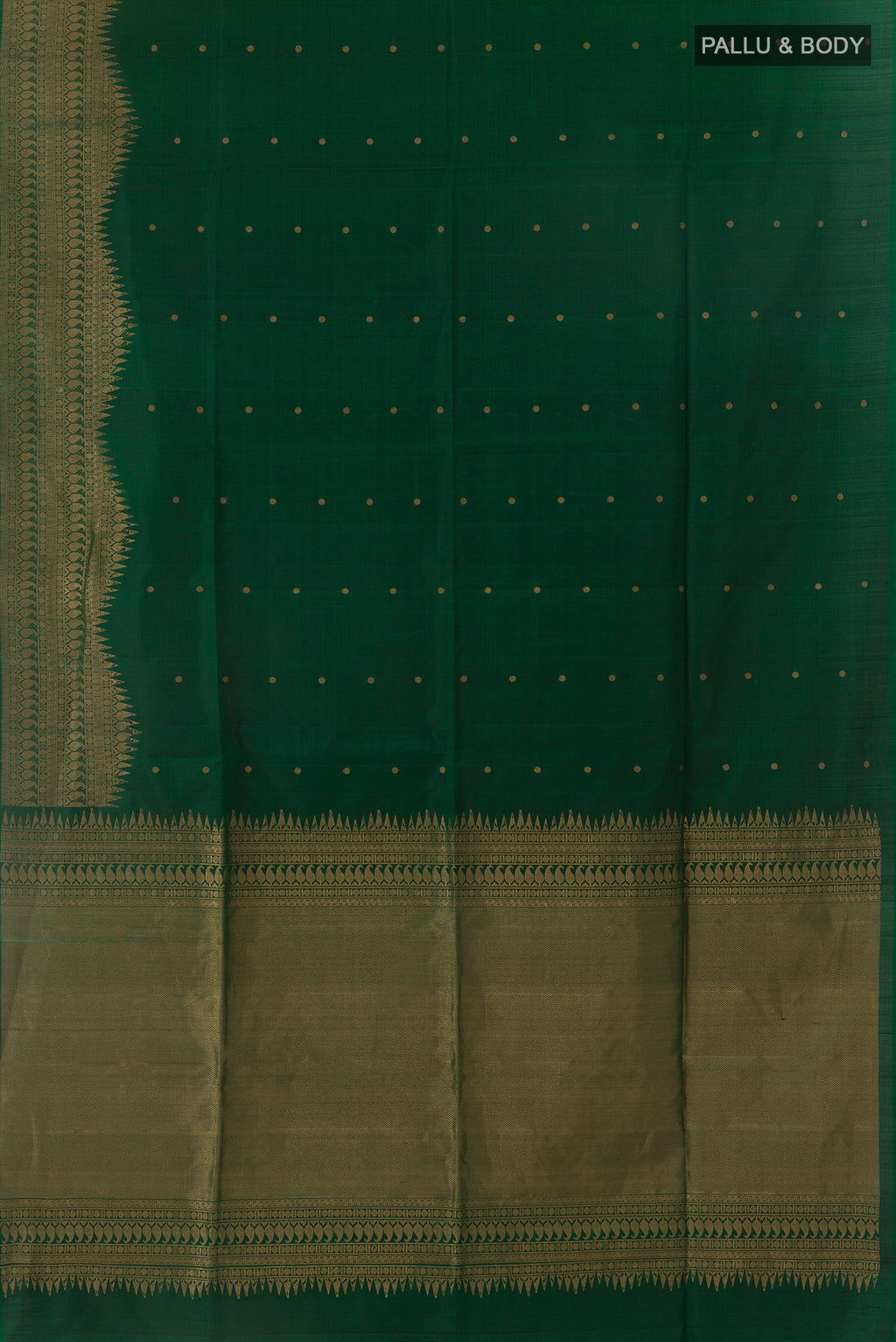 Flat view of Pure Silk Green Soft Saree with Zari Butta on the body and Zari Border. 