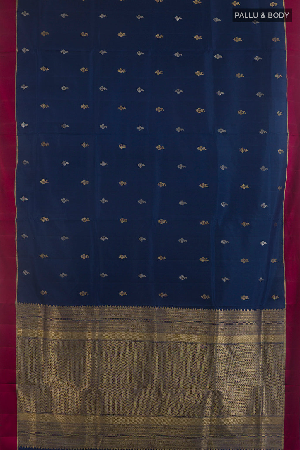 Flat view of Pure Silk Navy Blue Soft Saree with Zari Butta on the body and Zari Border. 