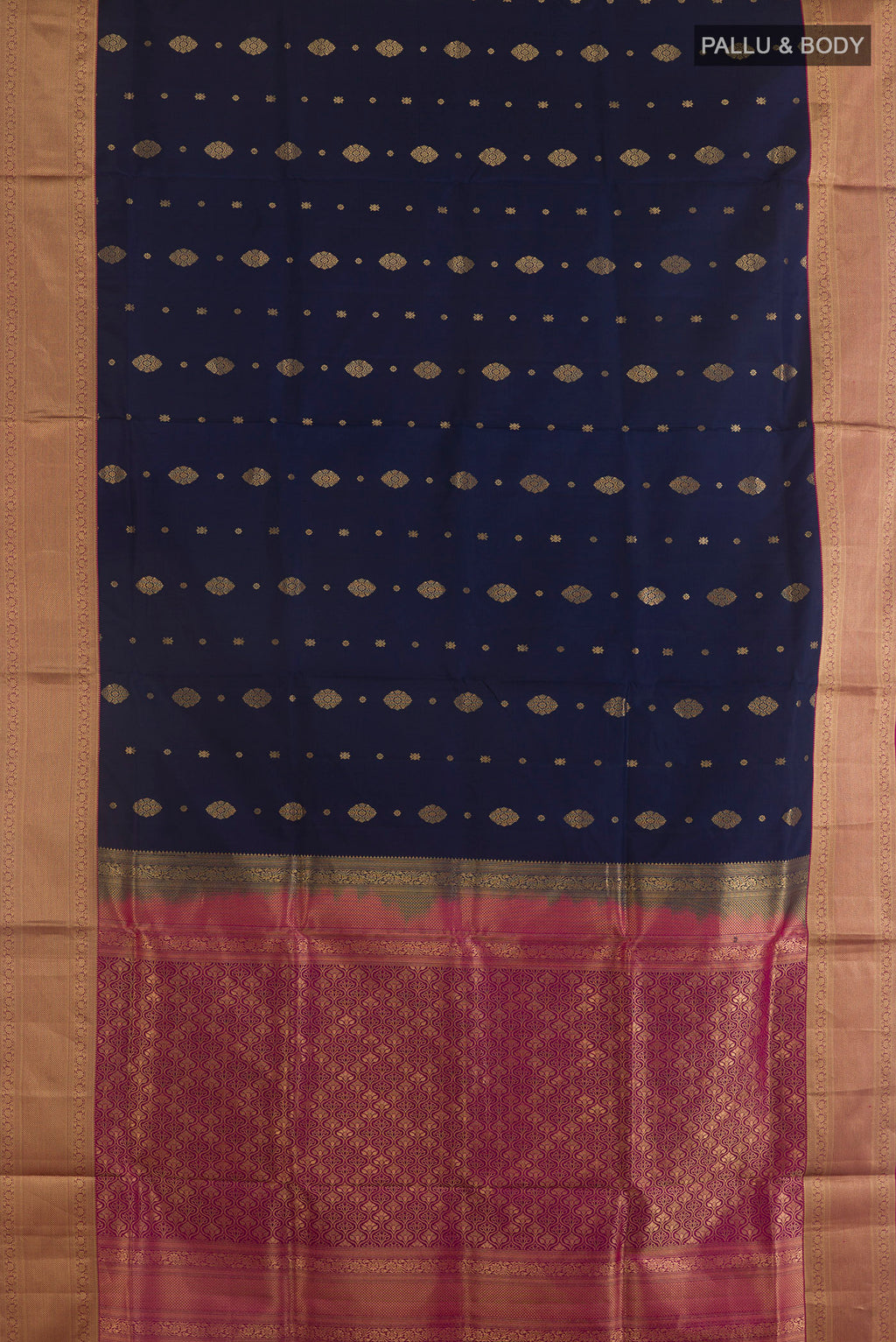 Flat view of Pure Silk Navy Blue Soft Saree with Zari Butta on the body and Zari Border. 