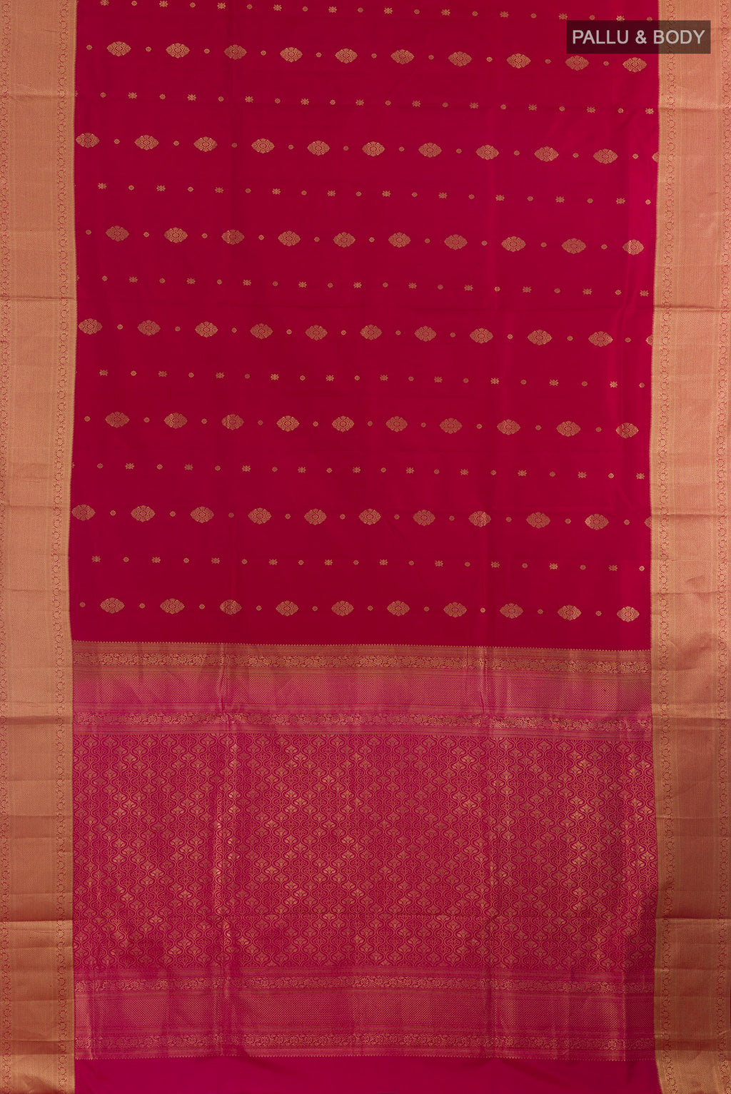 Flat view of Pure Silk Red Soft Saree with Zari Butta on the body and Zari Border. 