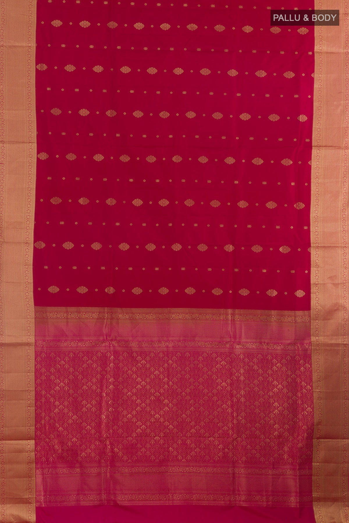 Flat view of Pure Silk Red Soft Saree with Zari Butta on the body and Zari Border. 