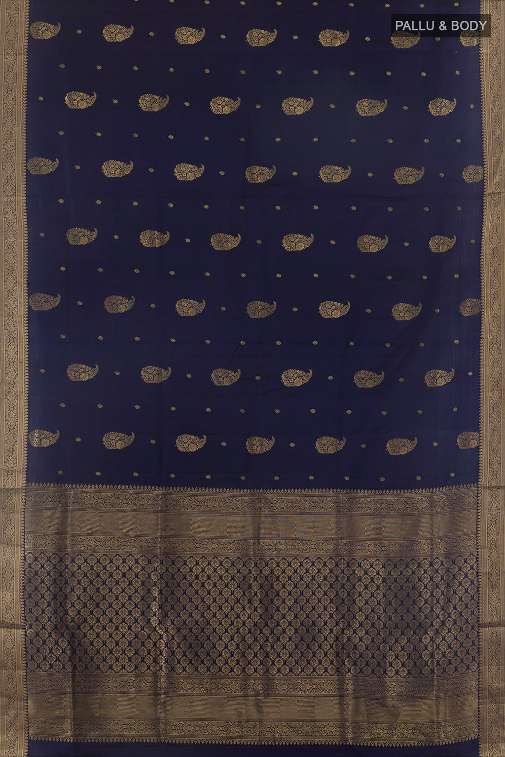 Flat view of Pure Silk Navy Blue Soft Saree with Zari Butta on the body and Zari Border. 