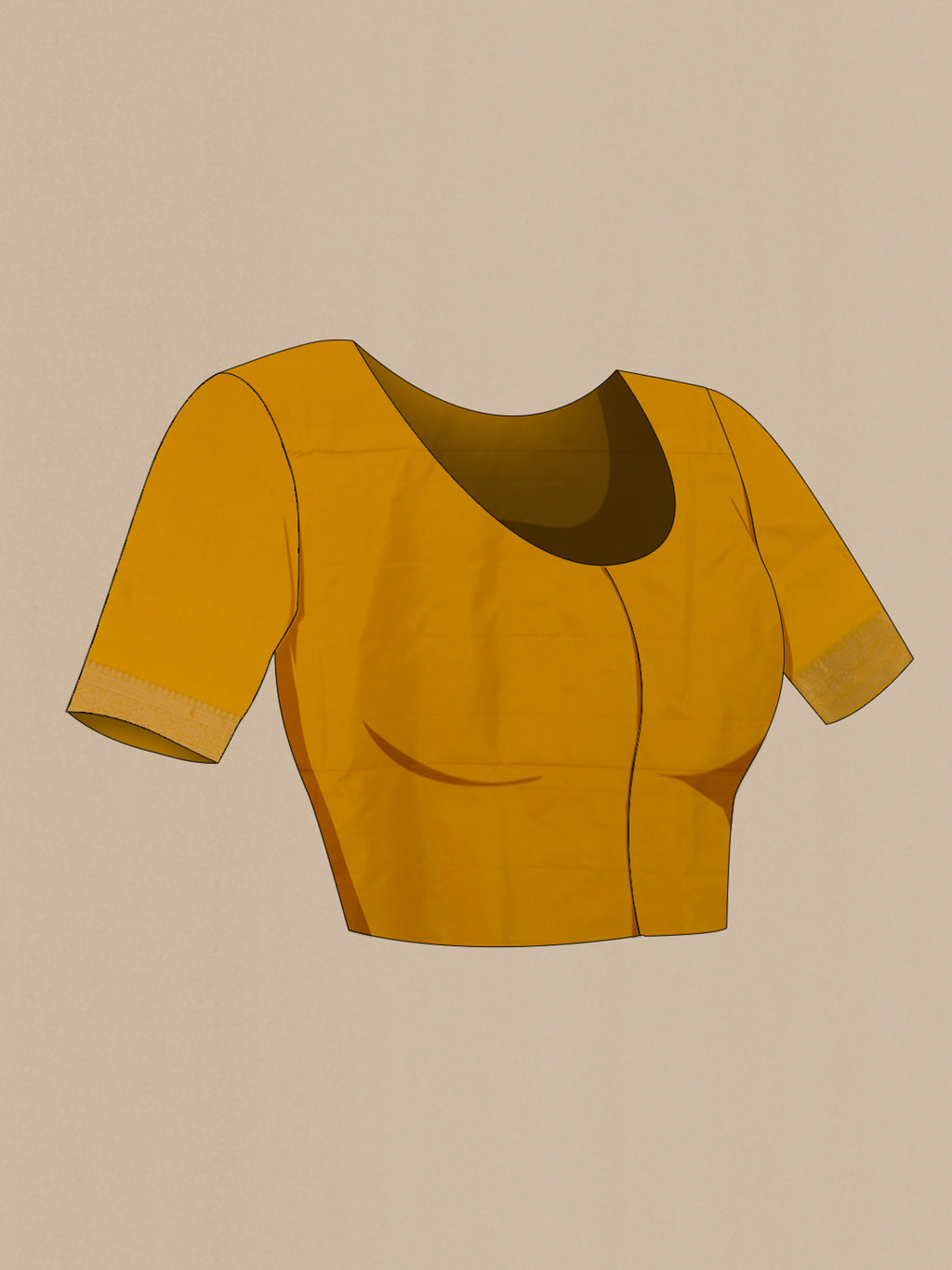 Close up image of the blouse of Pure Silk Yellow Soft Saree with Zari Butta on the body and Zari Border. 