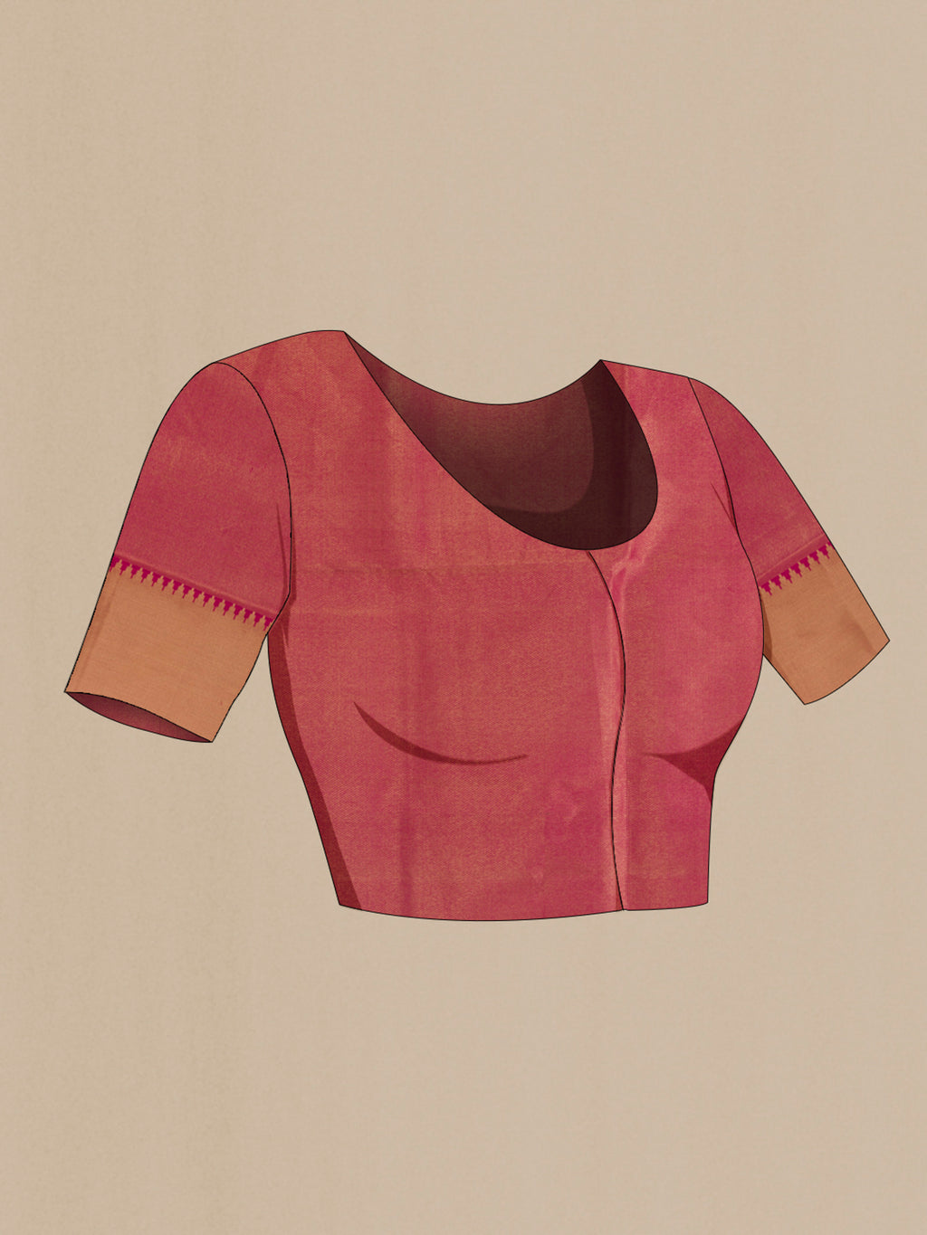 Close up image of the blouse of Pure Silk Magenta Soft Saree with Zari Butta on the body and Zari Border. 