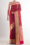Pure Silk Red Soft Saree with Zari Butta on the body and Zari Border.  displayed on a mannequin