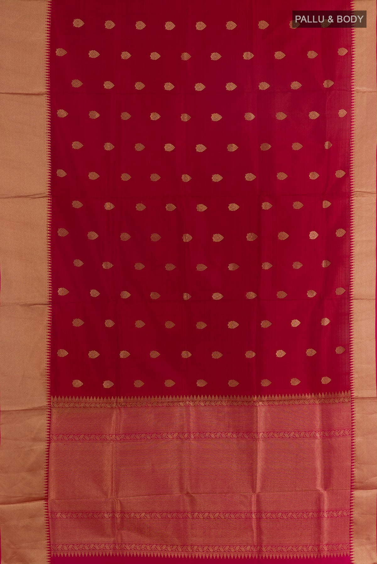 Flat view of Pure Silk Red Soft Saree with Zari Butta on the body and Zari Border. 