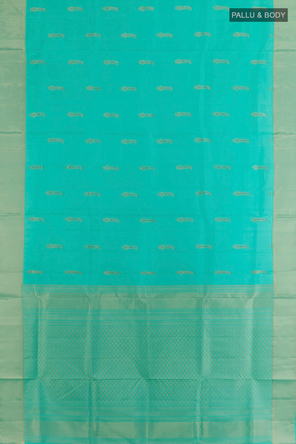 Flat view of Pure Silk Sea Green Soft Saree with Zari Butta on the body and Zari Border. 