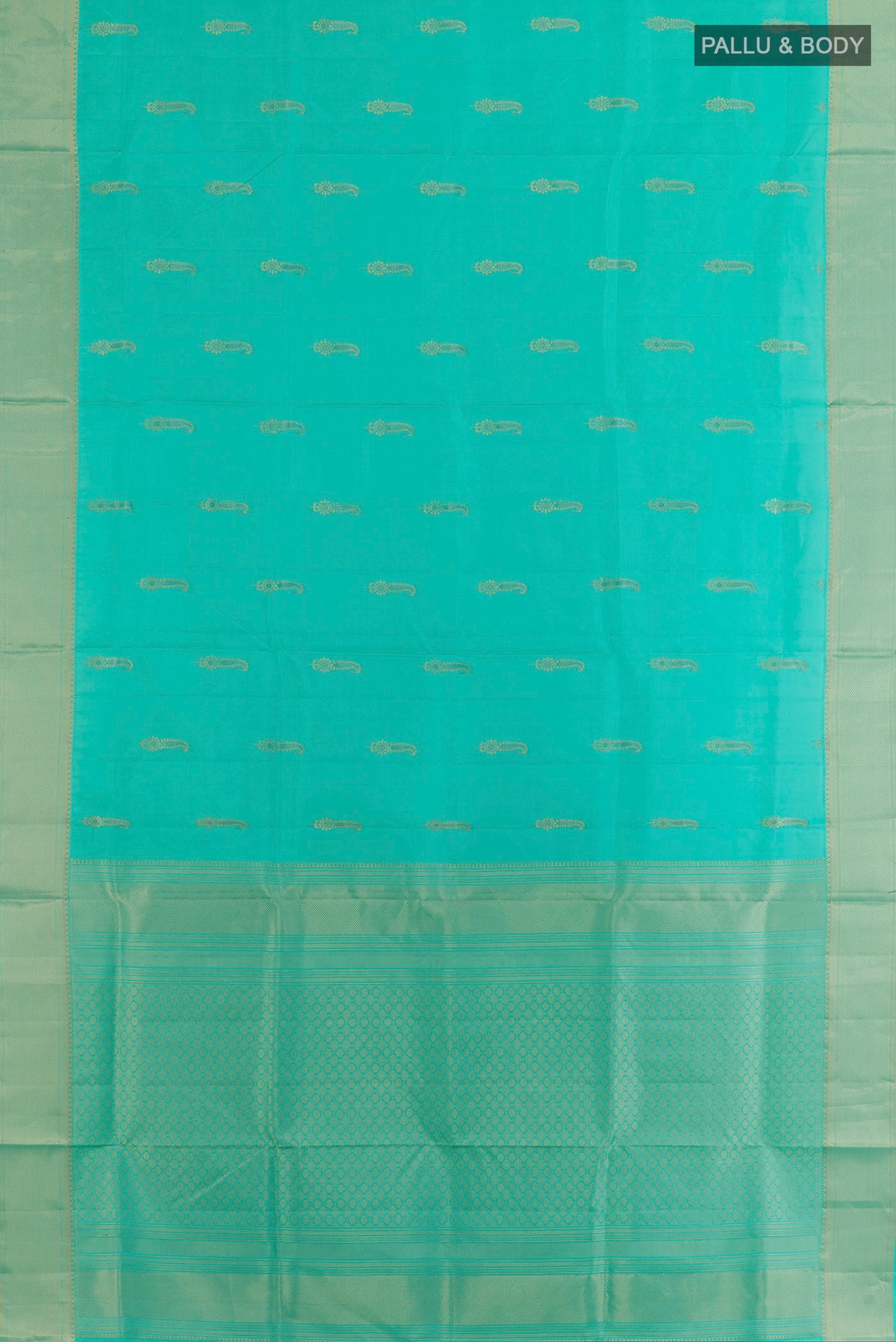 Flat view of Pure Silk Sea Green Soft Saree with Zari Butta on the body and Zari Border. 