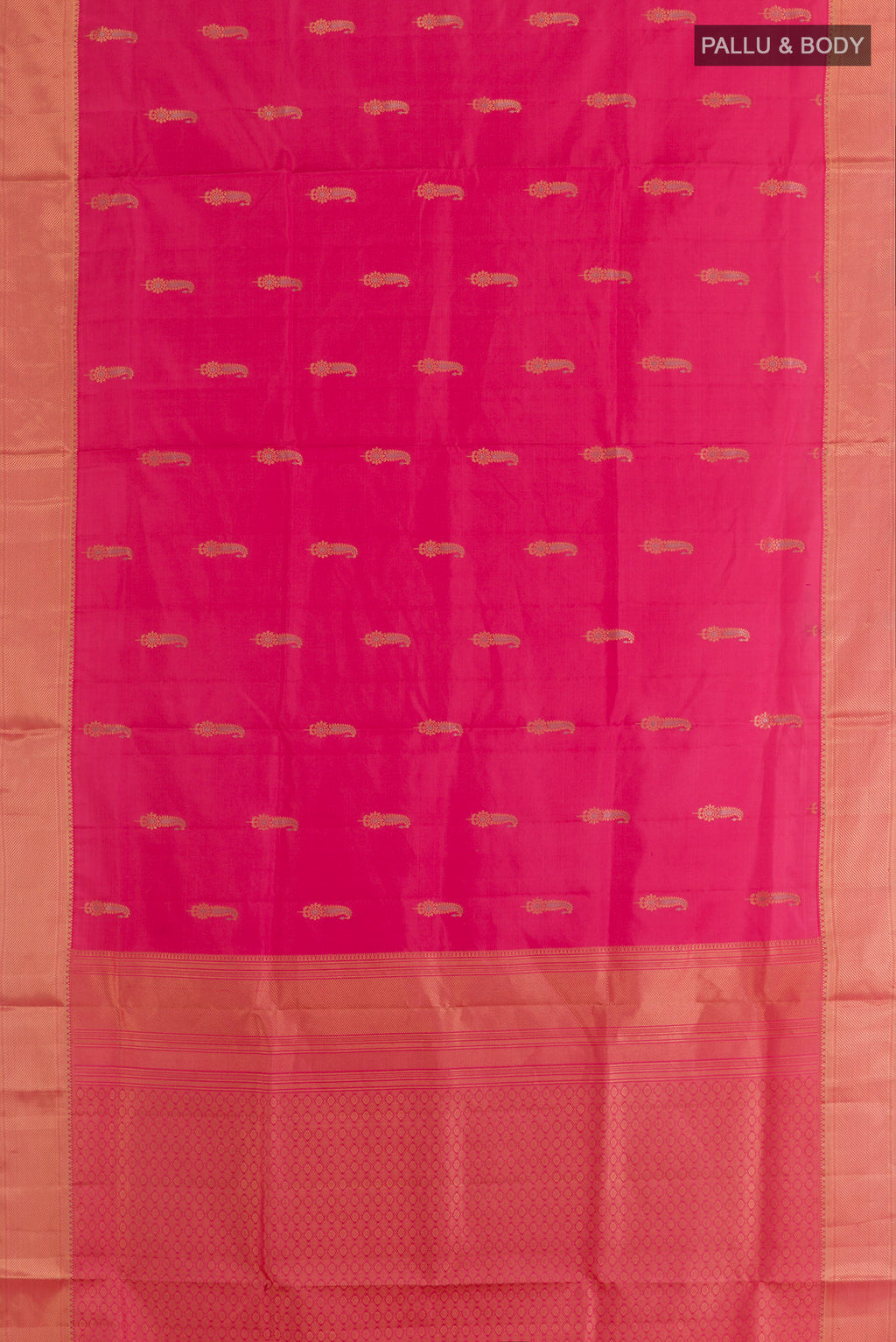 Flat view of Pure Silk Coral Soft Saree with Zari Butta on the body and Zari Border. 