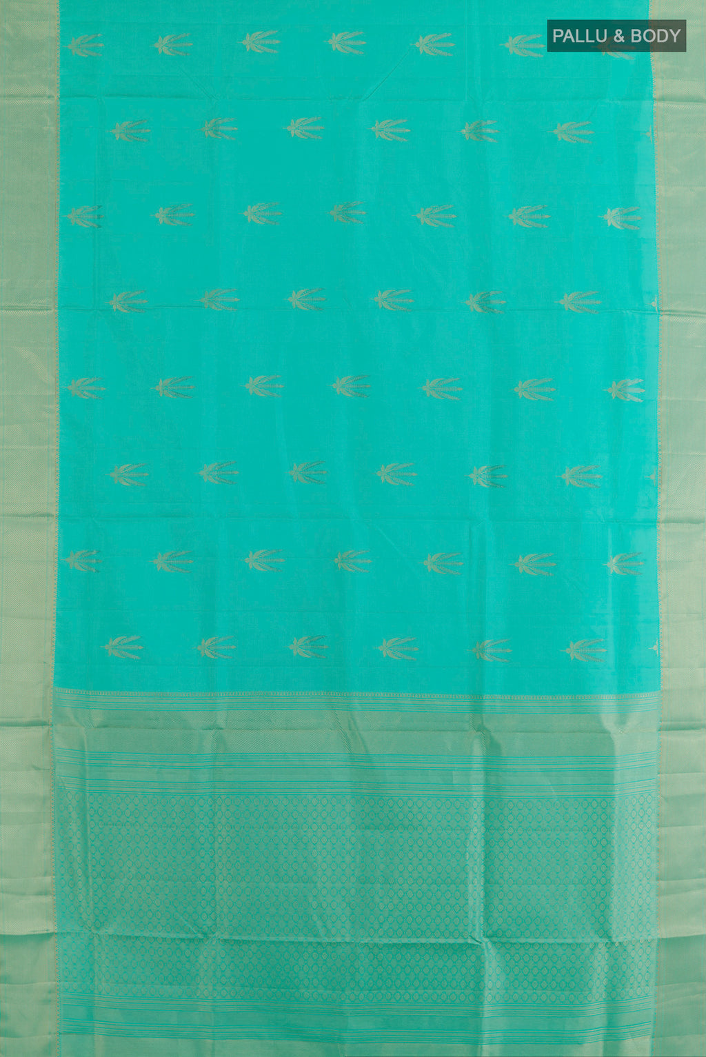 Flat view of Pure Silk Sea Green Soft Saree with Zari Butta on the body and Zari Border. 
