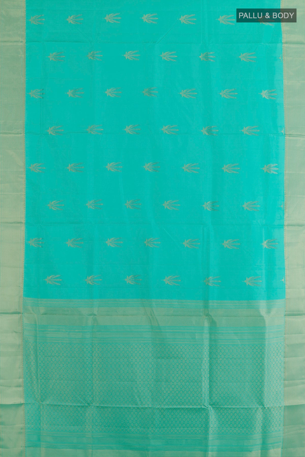 Flat view of Pure Silk Sea Green Soft Saree with Zari Butta on the body and Zari Border. 