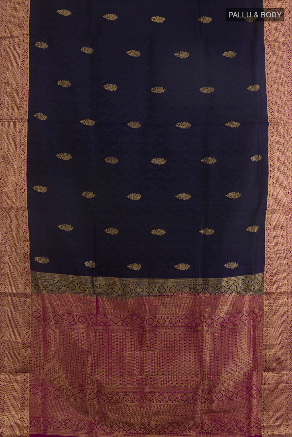Flat view of Pure Silk Navy Blue Soft Saree with Jacquard With Zari Butta on the body and Zari Border. 