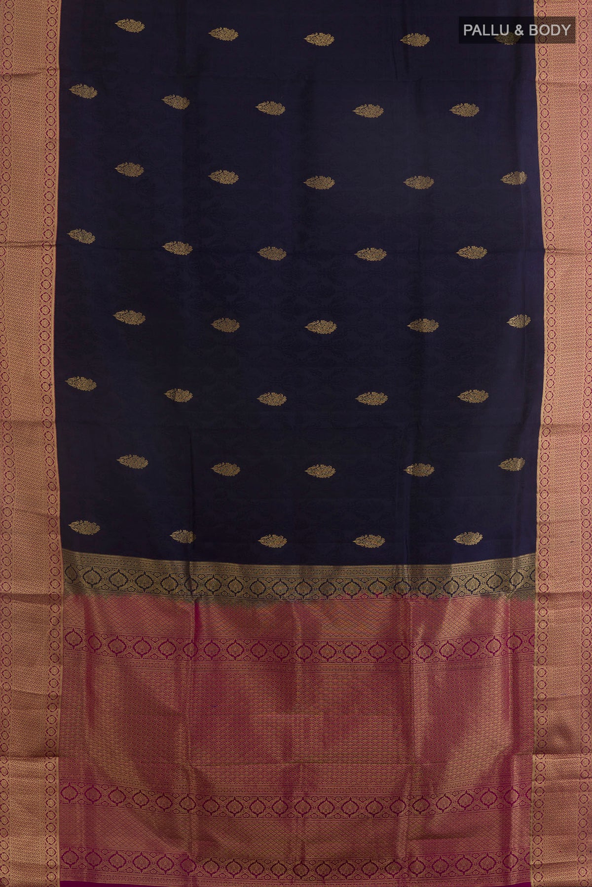 Flat view of Pure Silk Navy Blue Soft Saree with Jacquard With Zari Butta on the body and Zari Border. 
