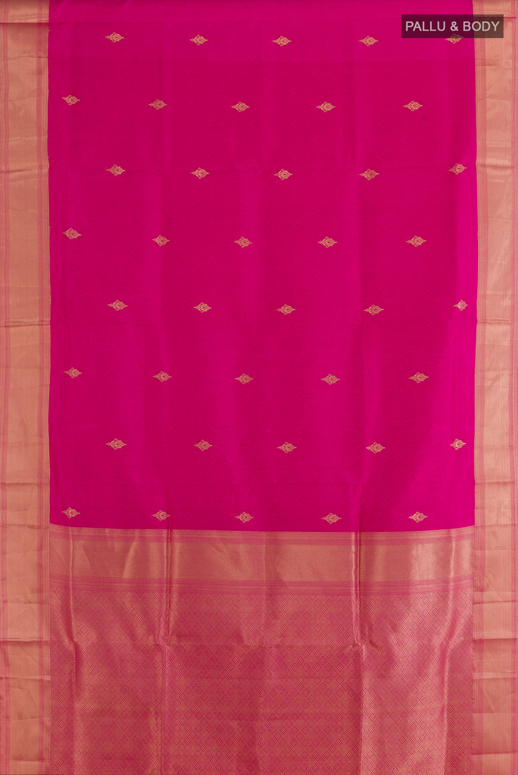 Flat view of Pure Silk Pink Soft Saree with Jacquard With Zari Butta on the body and Zari Border. 