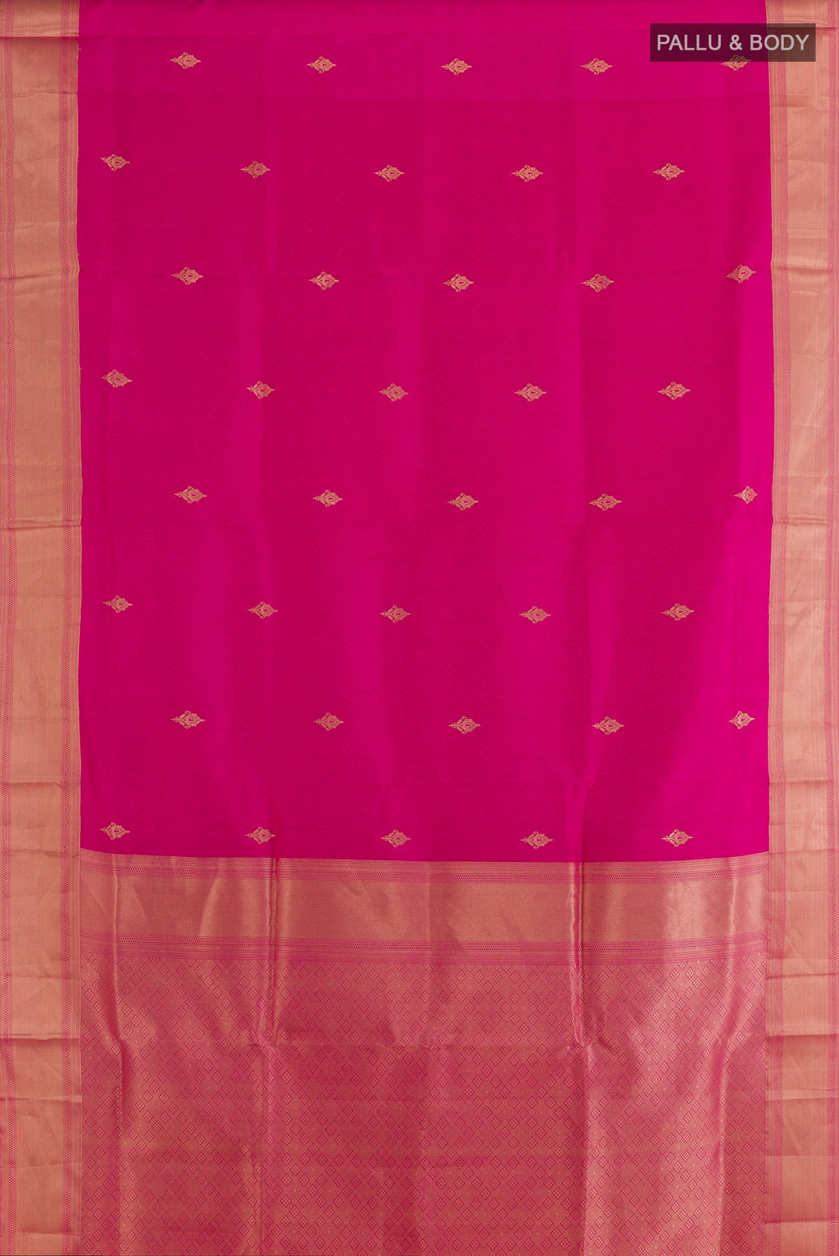Flat view of Pure Silk Pink Soft Saree with Jacquard With Zari Butta on the body and Zari Border. 