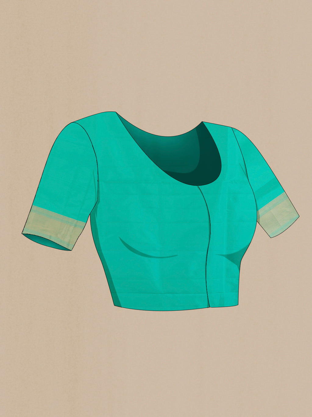 Close up image of the blouse of Pure Silk Sea Green Soft Saree with Jacquard With Zari Butta on the body and Zari Border. 