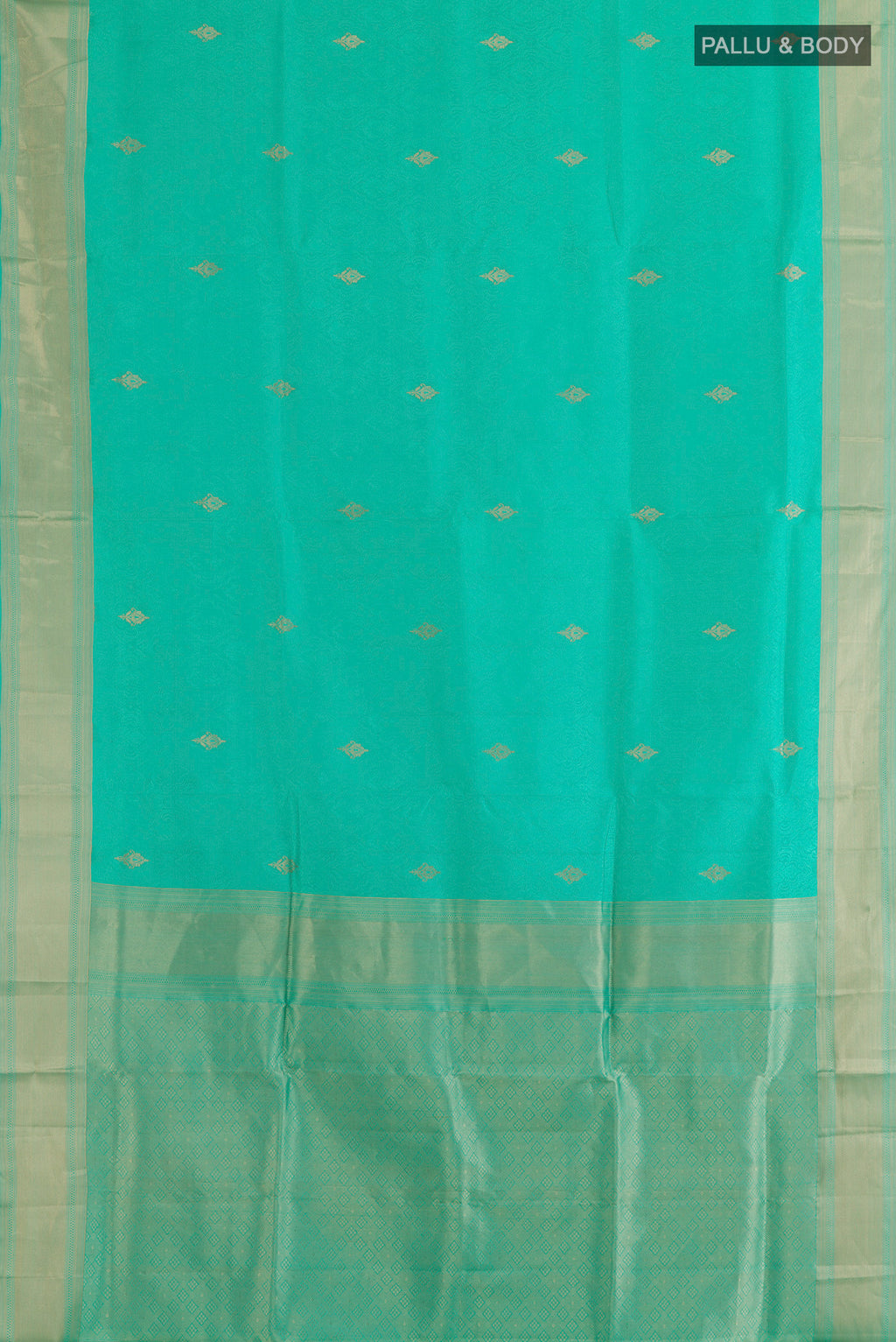 Flat view of Pure Silk Sea Green Soft Saree with Jacquard With Zari Butta on the body and Zari Border. 