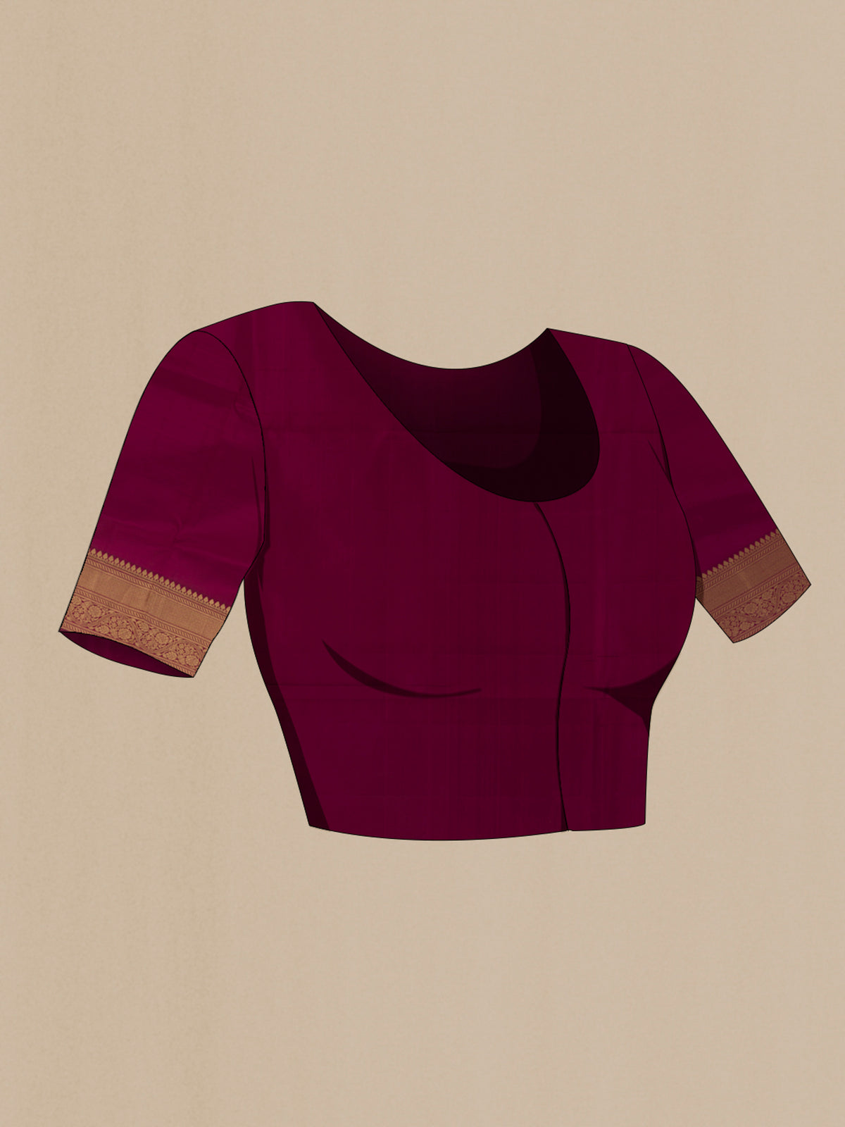 Close up image of the blouse of Pure Silk Magenta Soft Saree with Zari Butta on the body and Zari Border. 