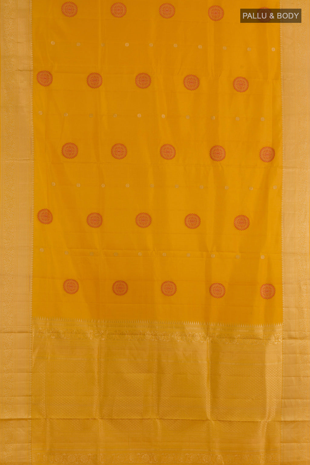 Flat view of Pure Silk Mustard Soft Saree with Zari And Thread Butta on the body and Zari Border. 