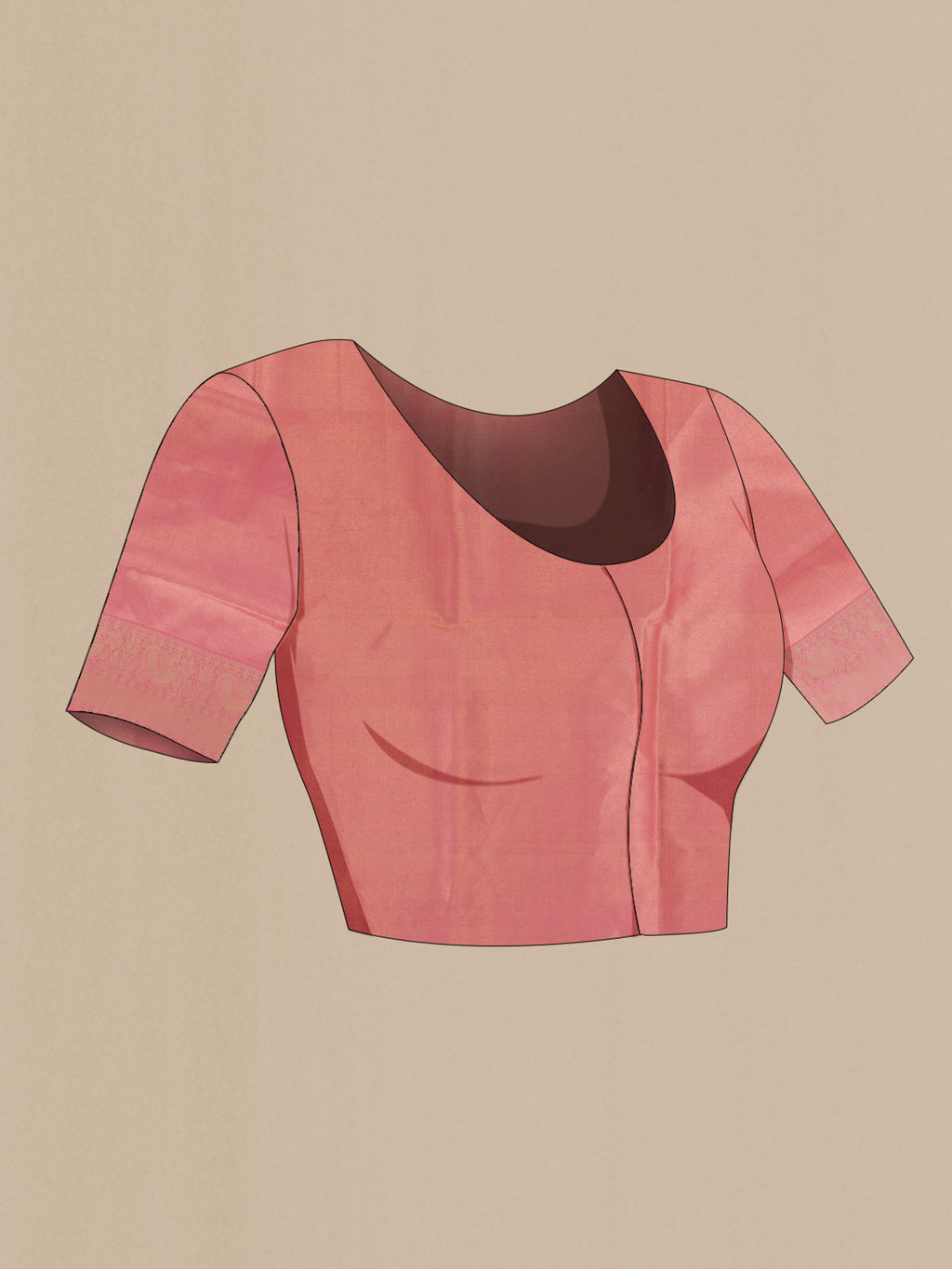 Close up image of the blouse of Pure Silk Pink Soft Saree with Thread Butta on the body and Thread Border. 