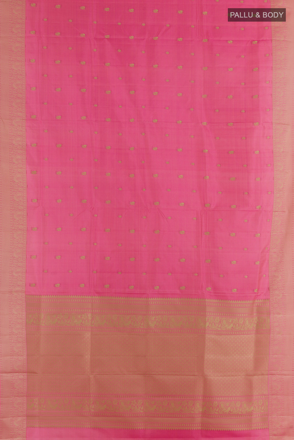 Flat view of Pure Silk Pink Soft Saree with Thread Butta on the body and Thread Border. 