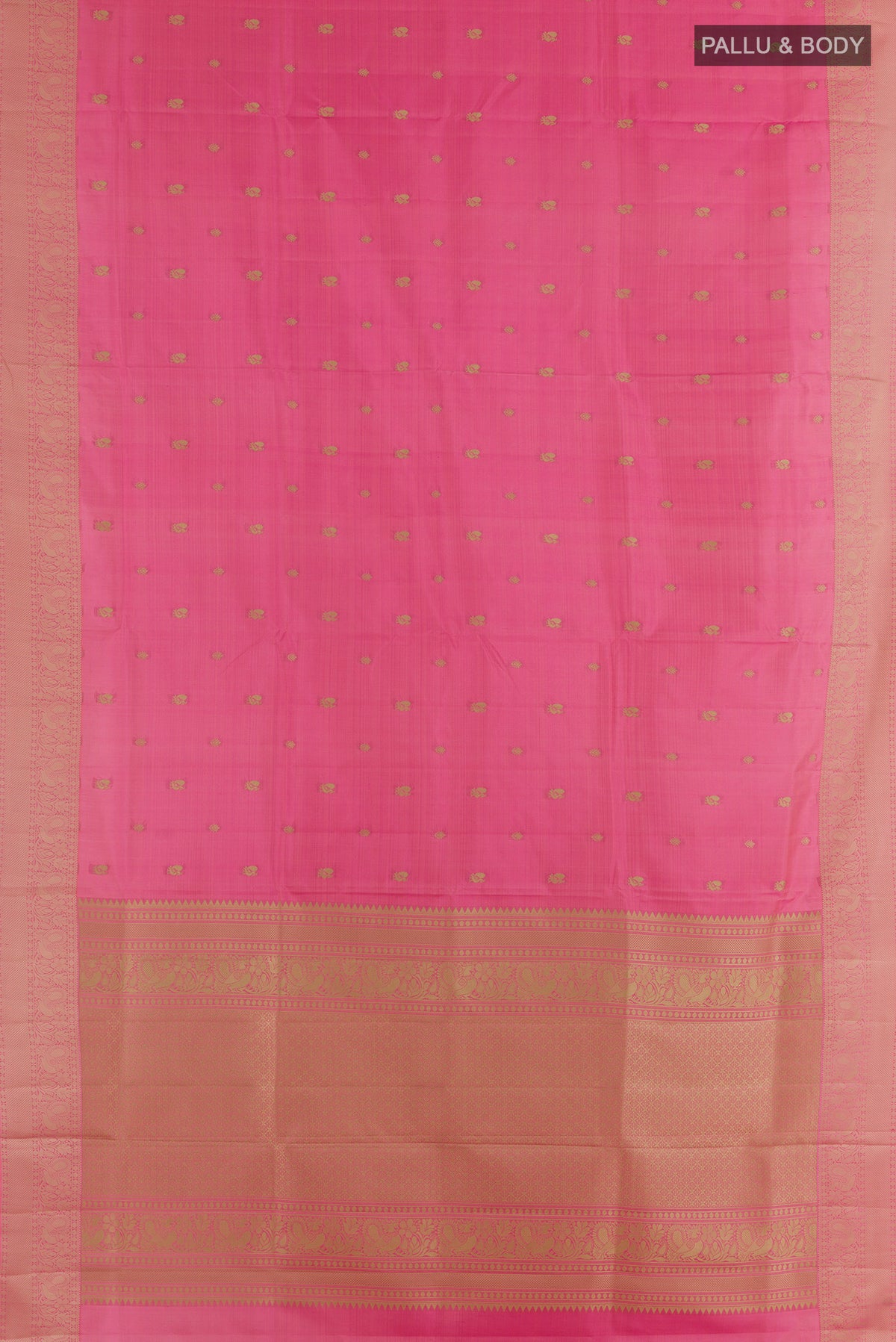 Flat view of Pure Silk Pink Soft Saree with Thread Butta on the body and Thread Border. 