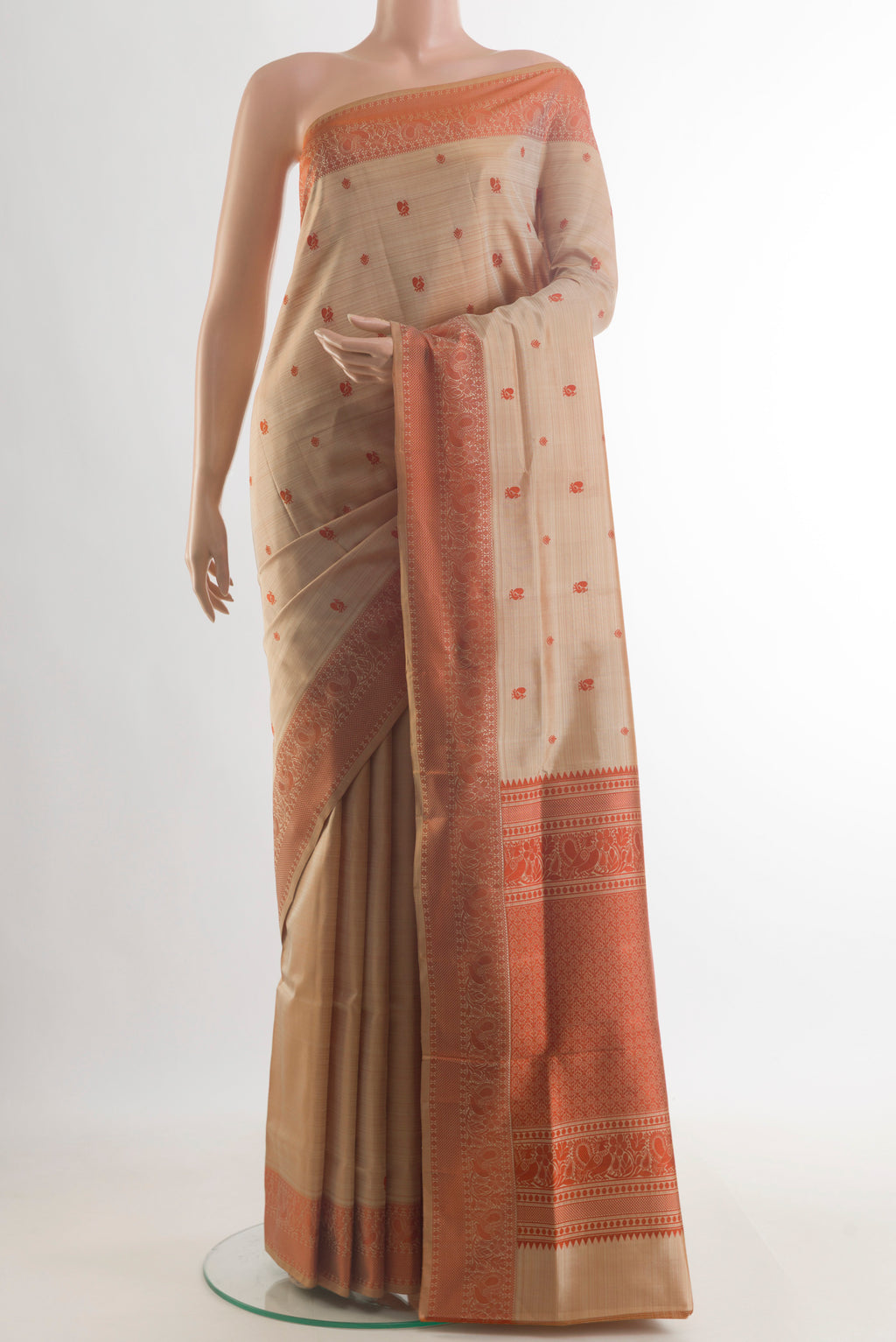 Pure Silk Beige Soft Saree with Thread Butta on the body and Thread Border.  displayed on a mannequin