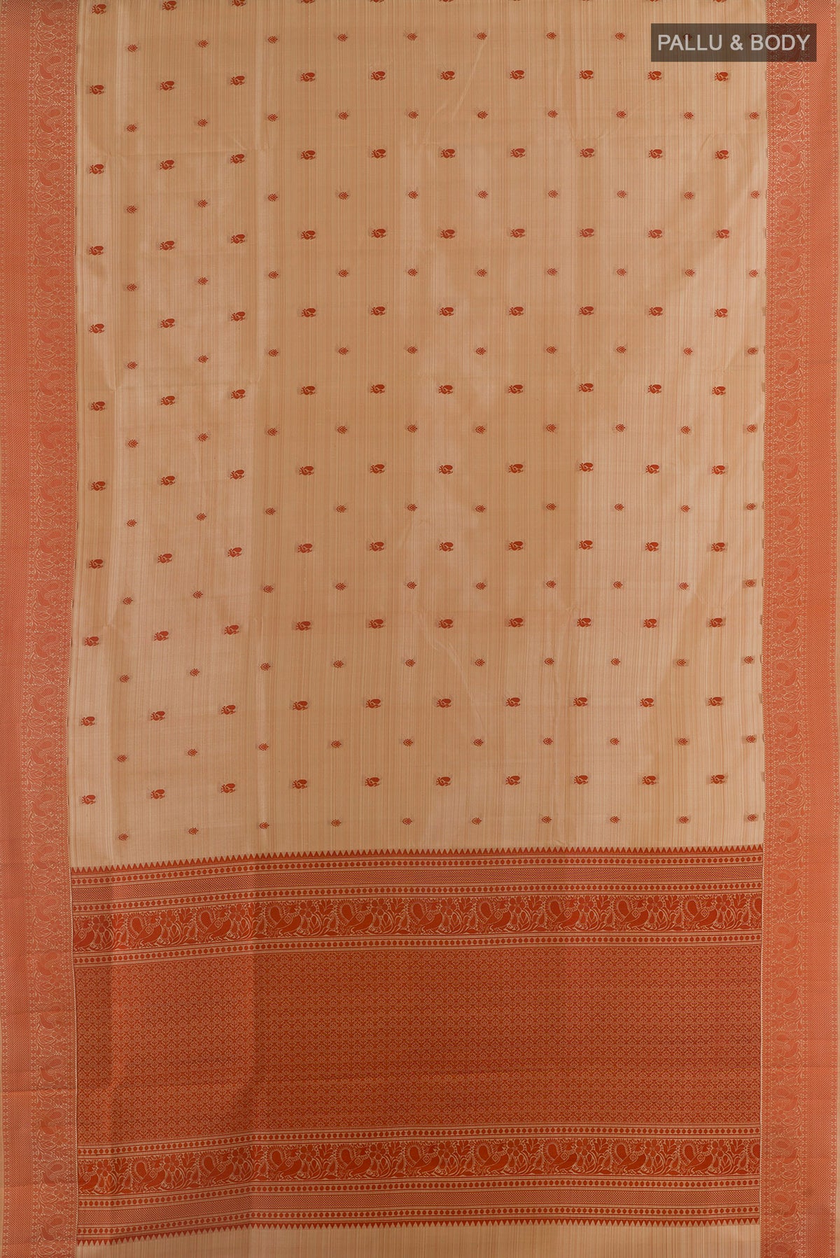Flat view of Pure Silk Beige Soft Saree with Thread Butta on the body and Thread Border. 