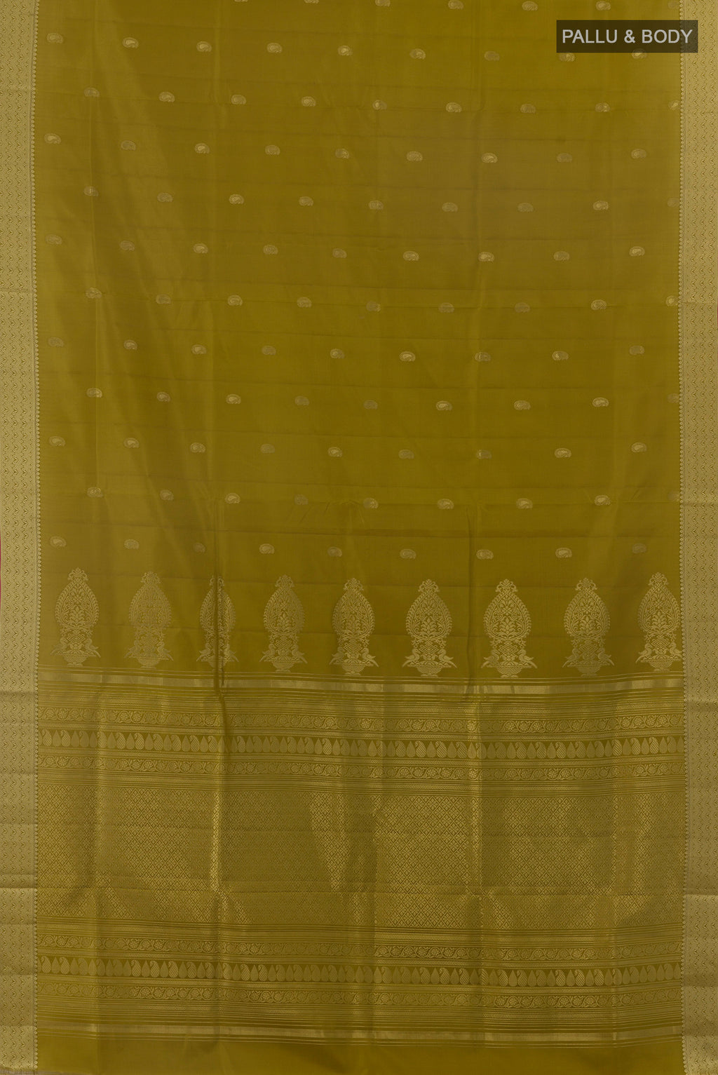 Flat view of Pure Silk Mehandi Green Soft Saree with Zari Butta on the body and Zari Border. 