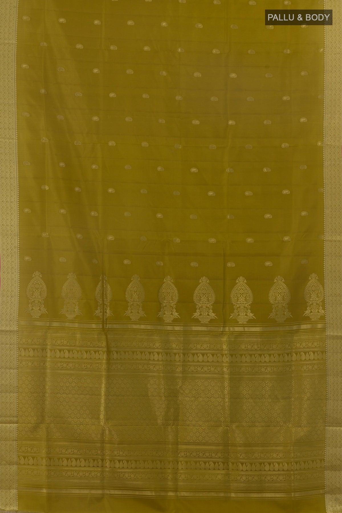 Flat view of Pure Silk Mehandi Green Soft Saree with Zari Butta on the body and Zari Border. 