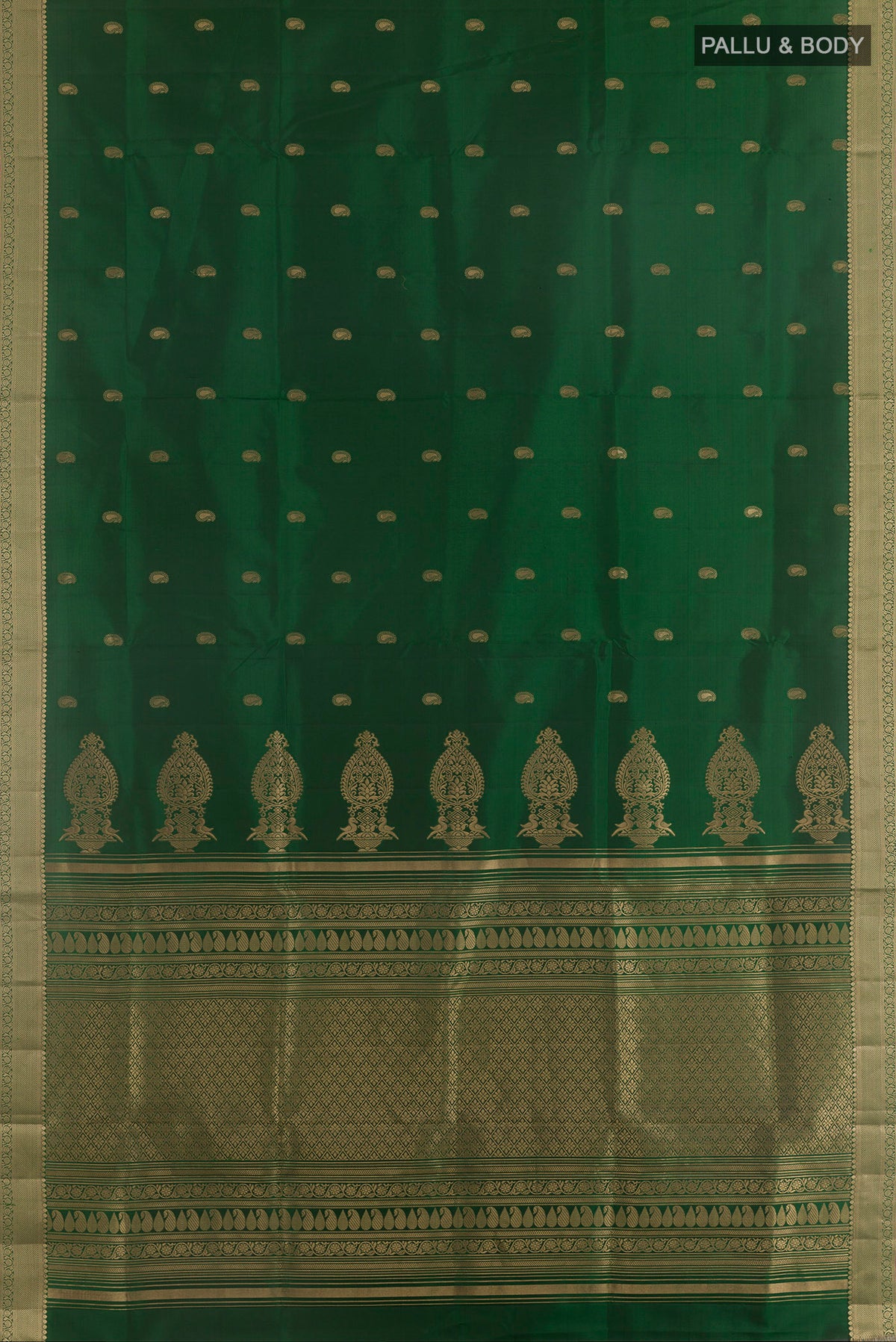 Flat view of Pure Silk Green Soft Saree with Zari Butta on the body and Zari Border. 