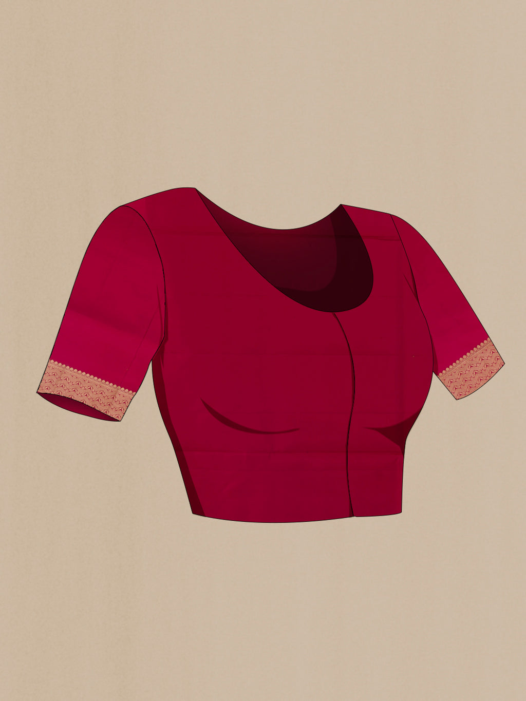 Close up image of the blouse of Pure Silk Red Soft Saree with Zari Butta on the body and Zari Border. 